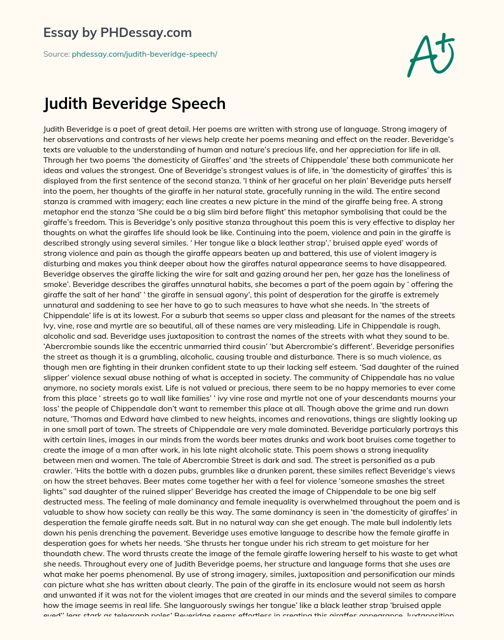 Judith Beveridge Speech essay