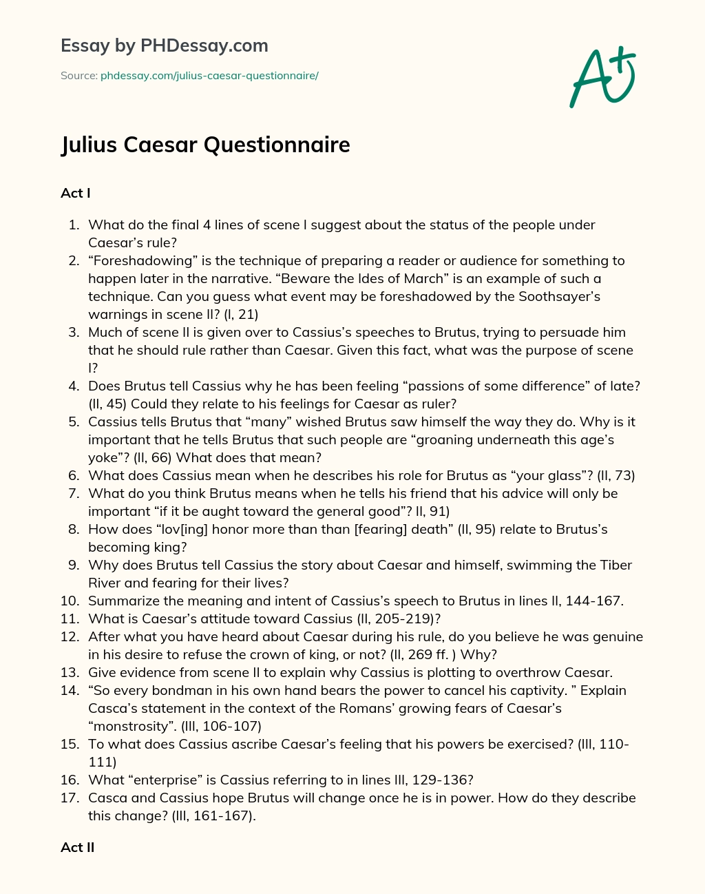 Julius Caesar Questionnaire essay