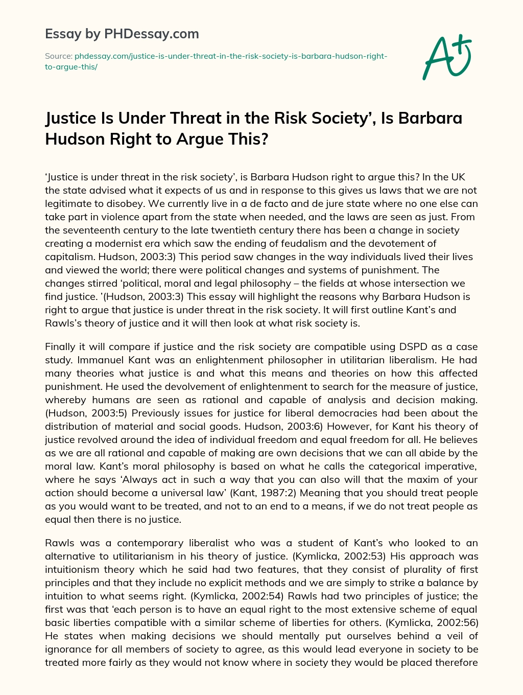 Justice Is Under Threat in the Risk Society’, Is Barbara Hudson Right to Argue This? essay