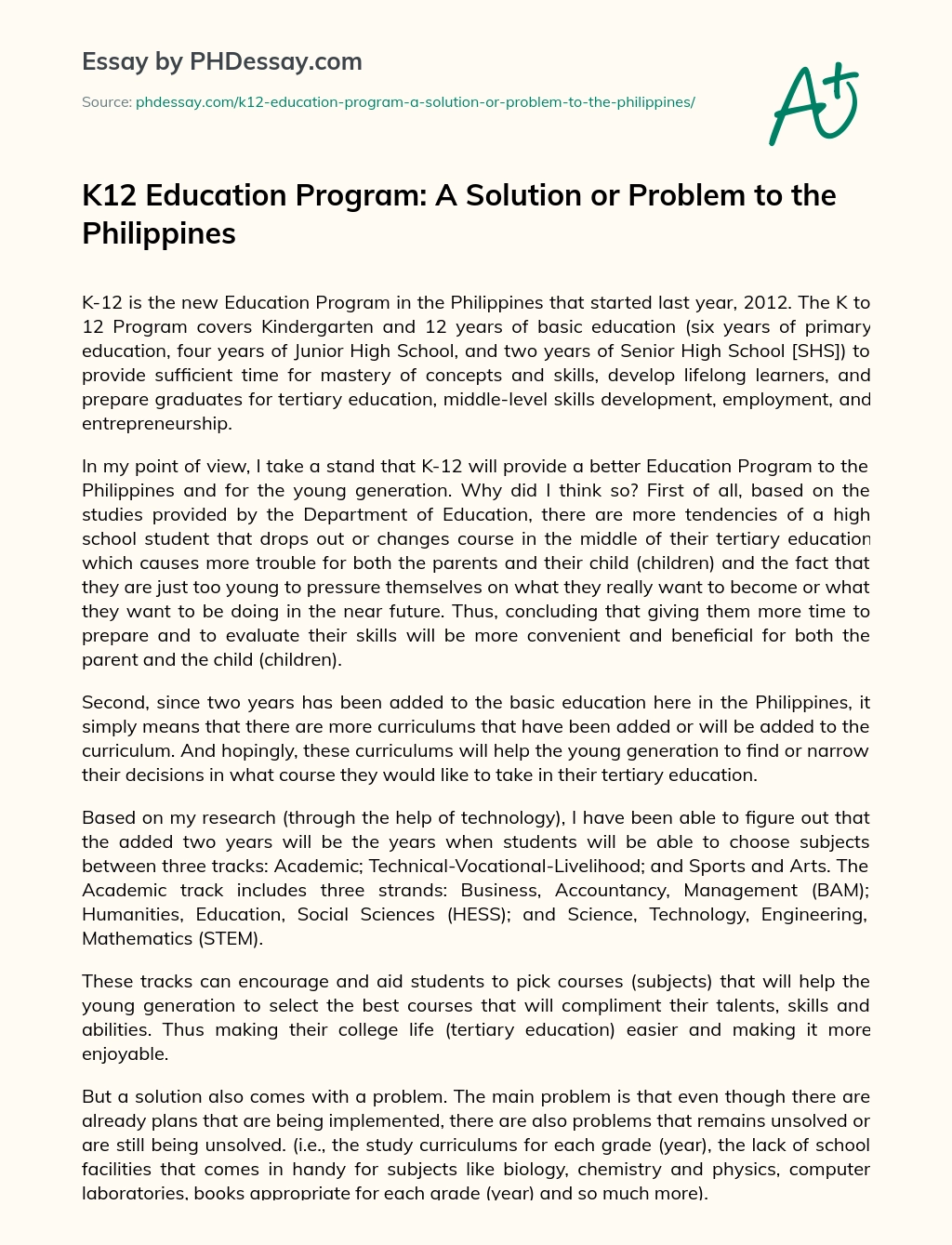 K12 Education Program: A Solution or Problem to the Philippines essay