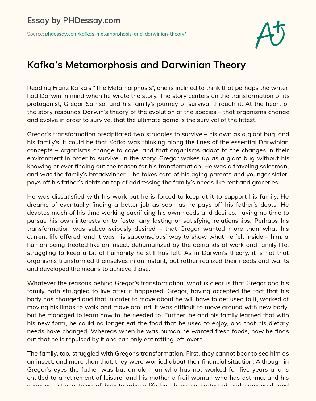 Kafka’s Metamorphosis and Darwinian Theory essay