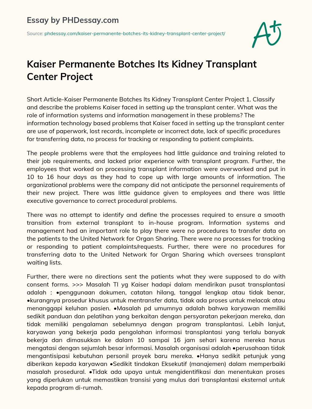 Kaiser Permanente Botches Its Kidney Transplant Center Project essay