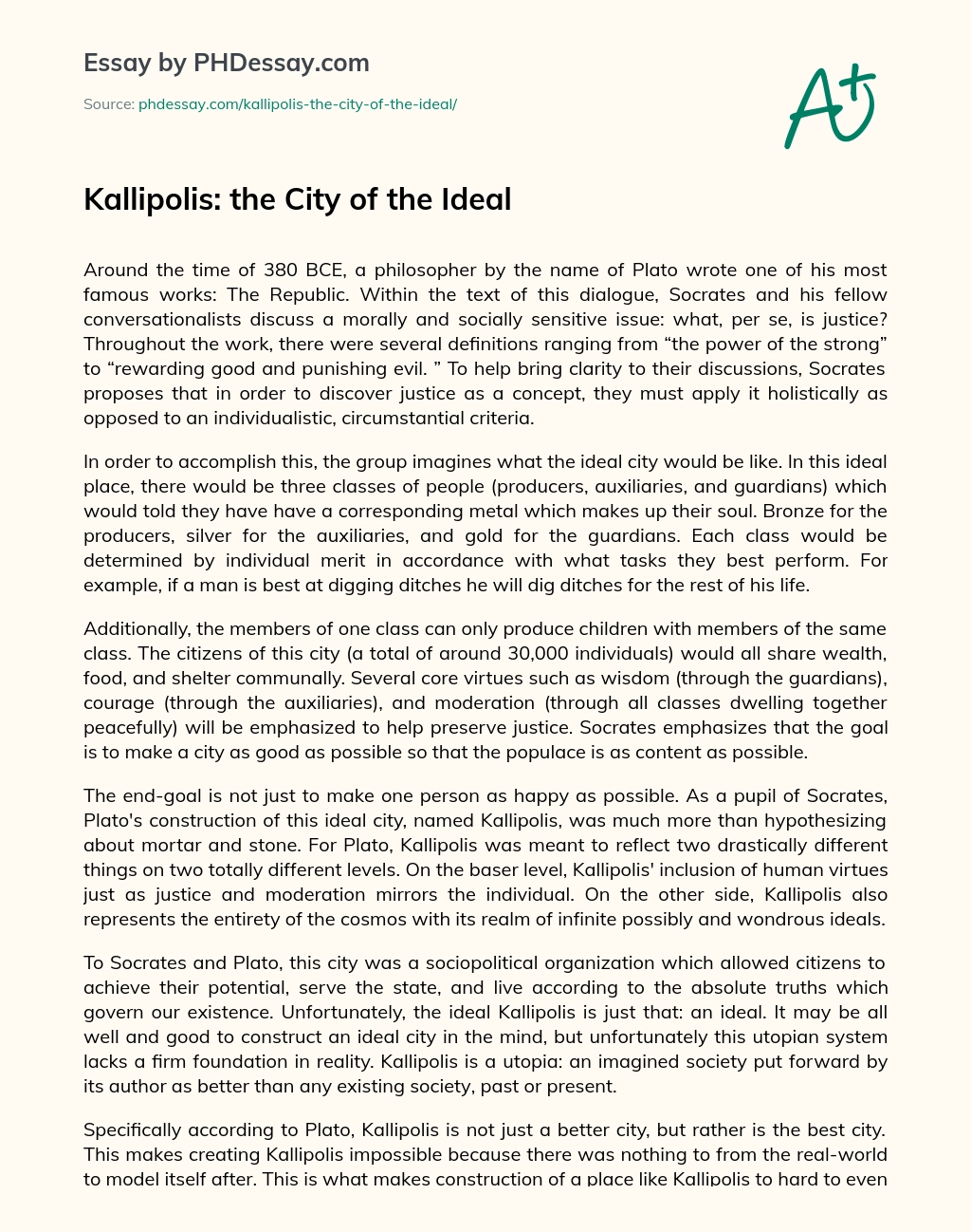 Kallipolis: the City of the Ideal essay