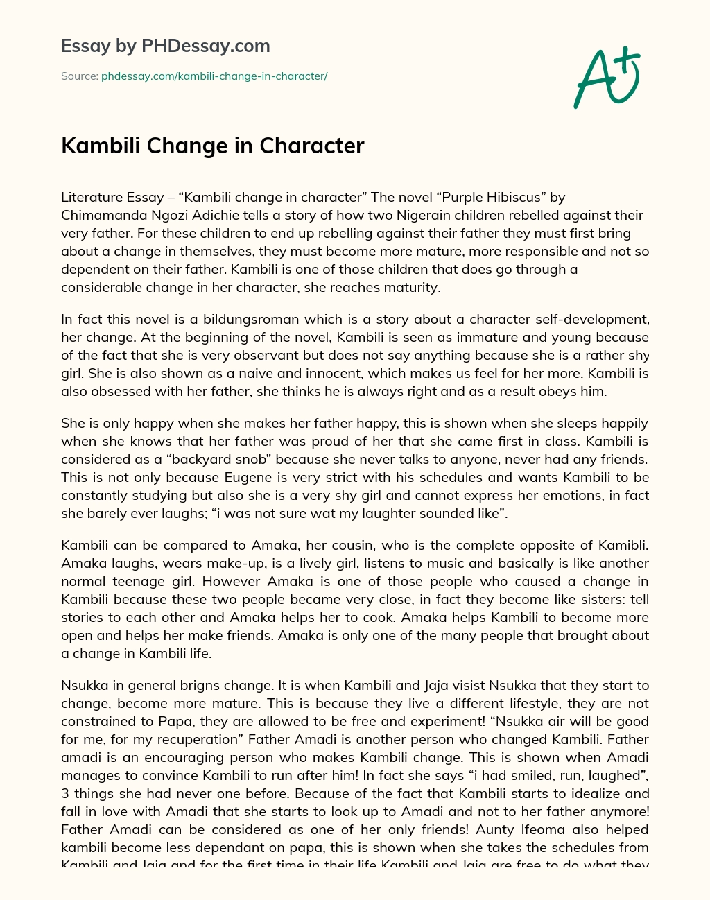 Kambili Change in Character essay