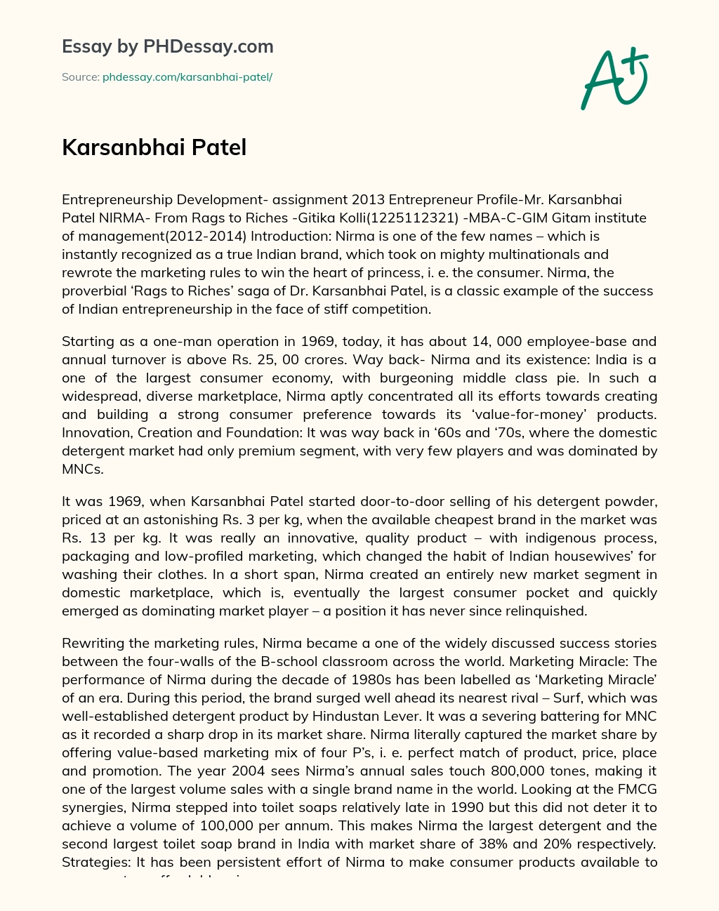 Karsanbhai Patel essay