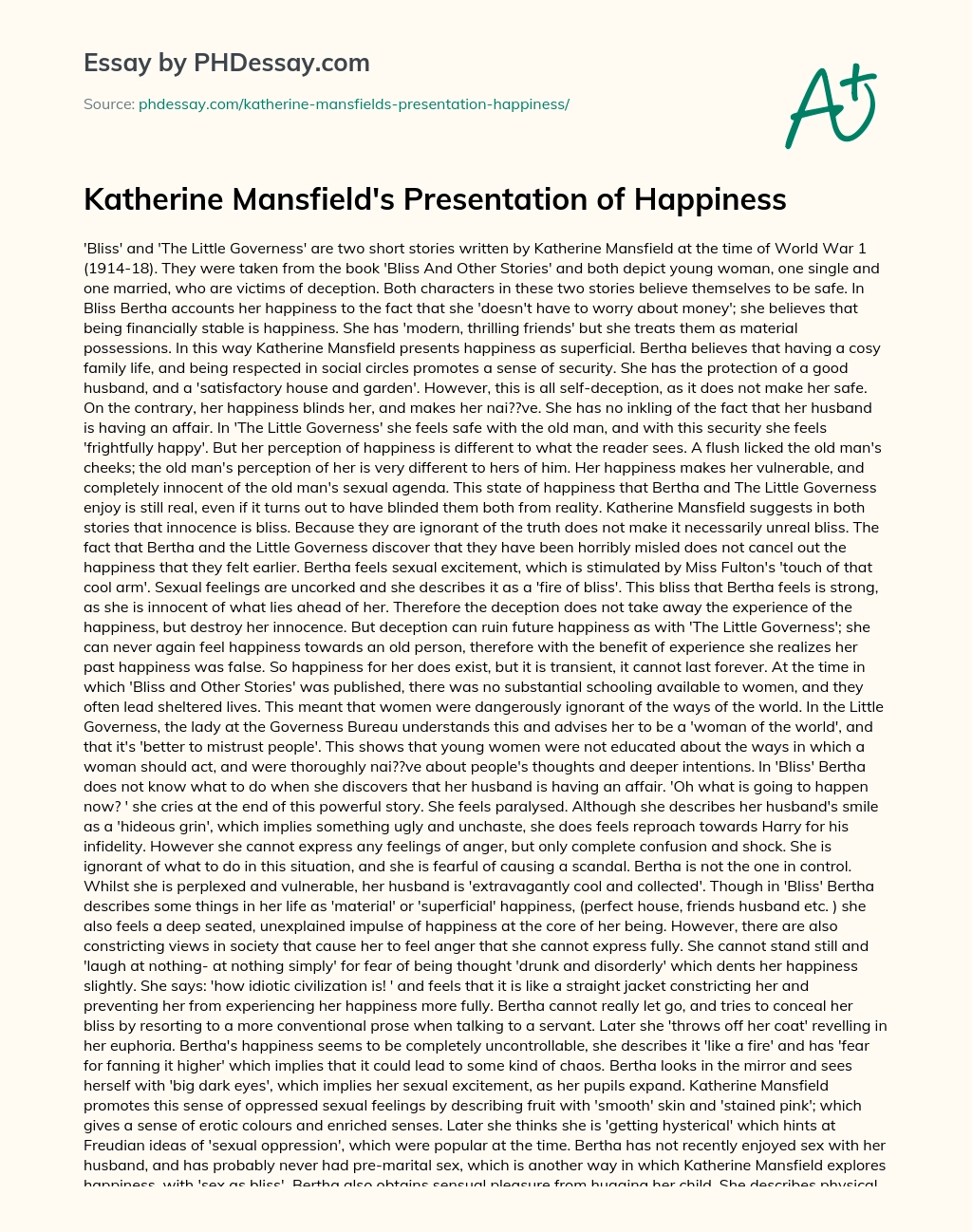 Katherine Mansfield’s Presentation of Happiness essay