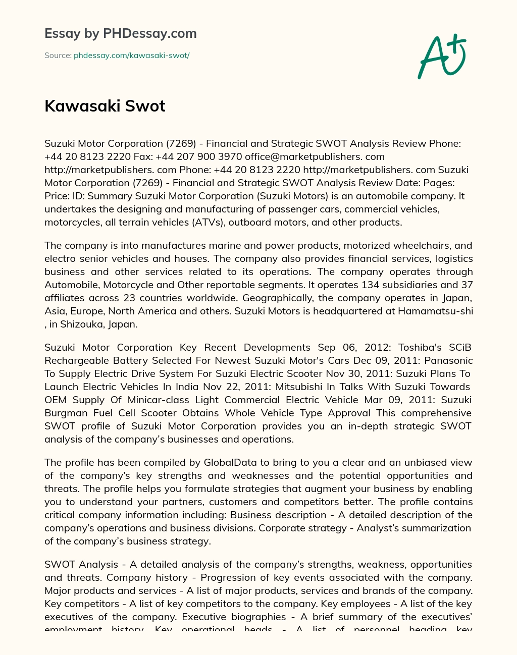 Kawasaki Swot essay