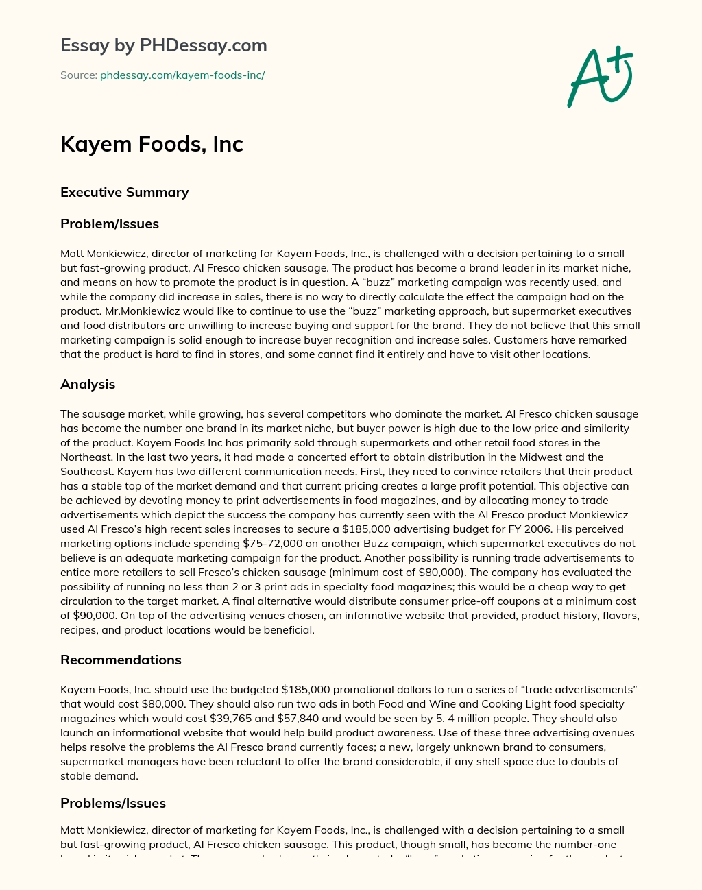 Kayem Foods, Inc essay
