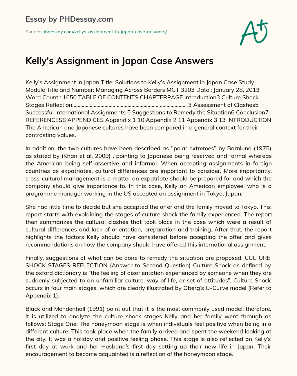 Kelly’s Assignment in Japan Case Answers essay