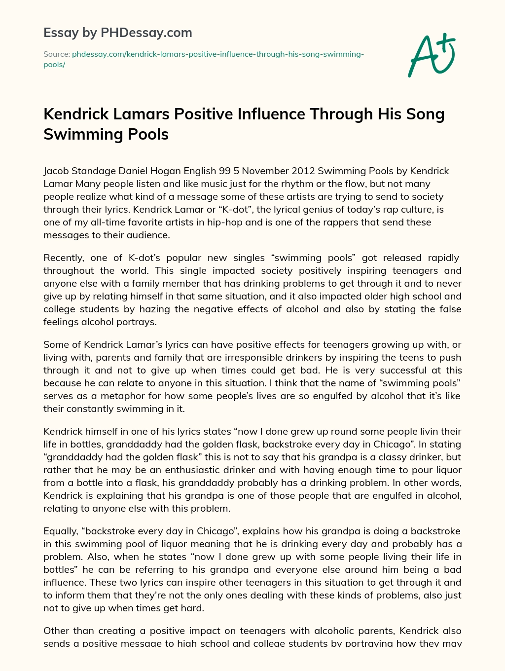 Kendrick Lamars Positive Influence Through His Song Swimming Pools essay