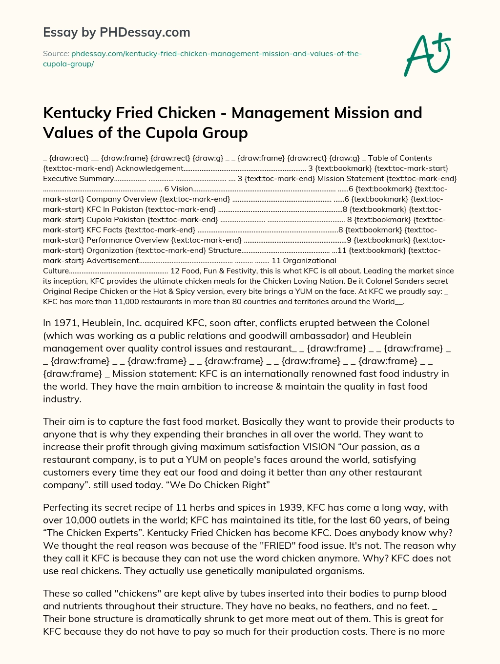 Kentucky Fried Chicken – Management Mission and Values of the Cupola Group essay
