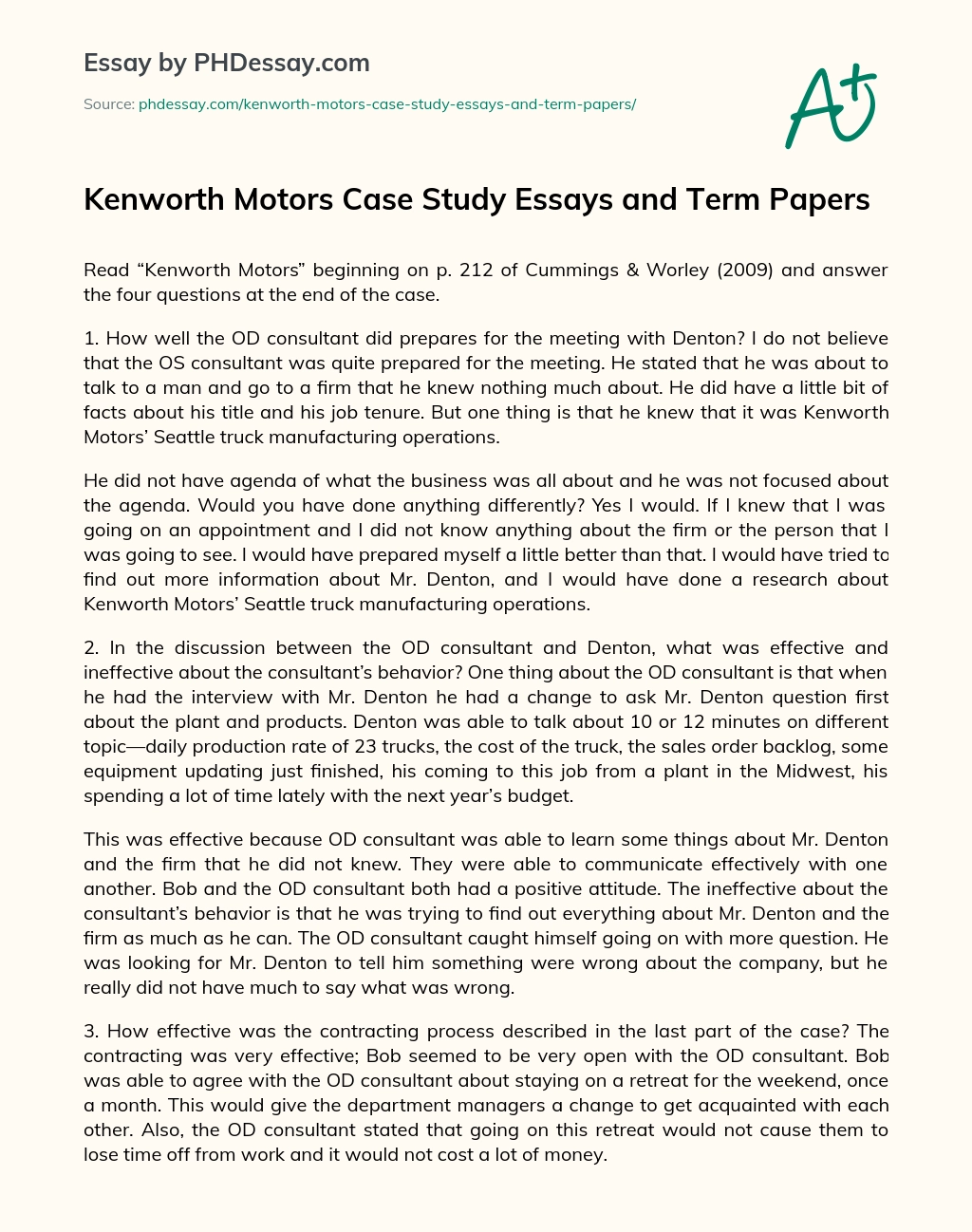 Kenworth Motors Case Study Essays and Term Papers essay