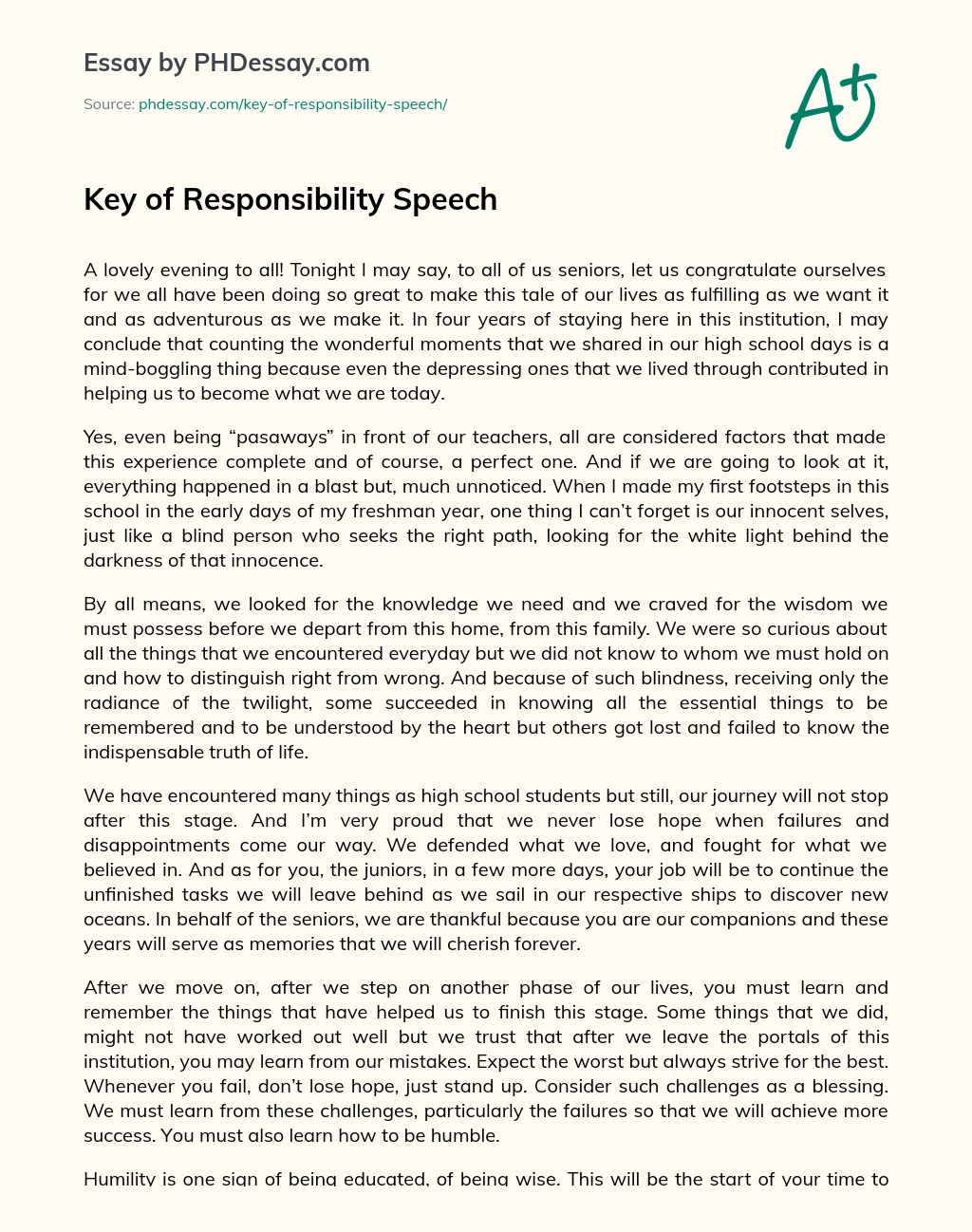 Key of Responsibility Speech essay