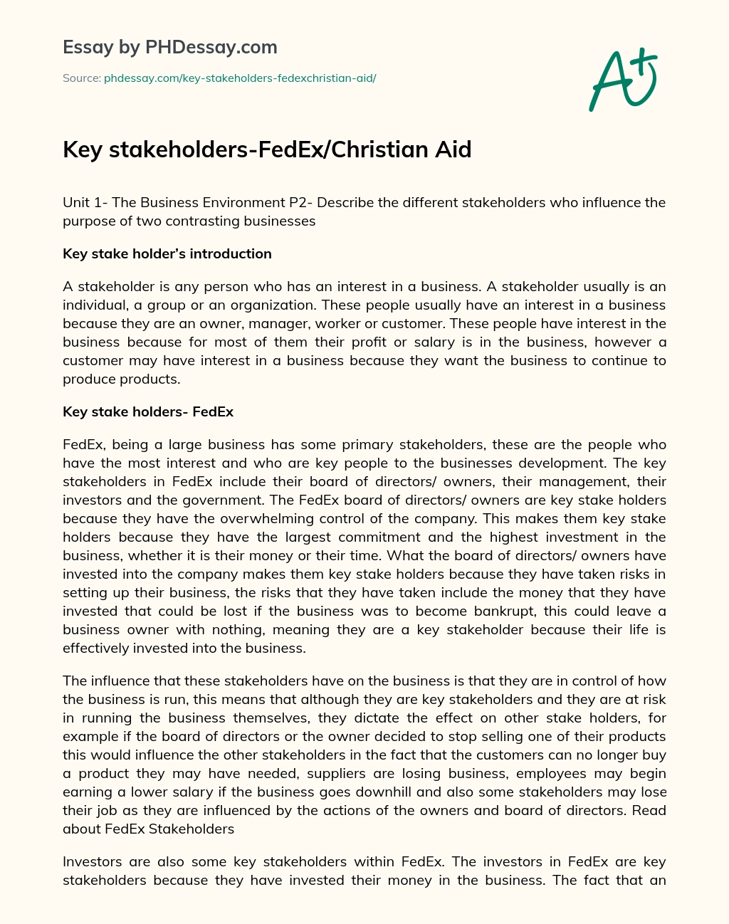 Key stakeholders-FedEx/Christian Aid essay