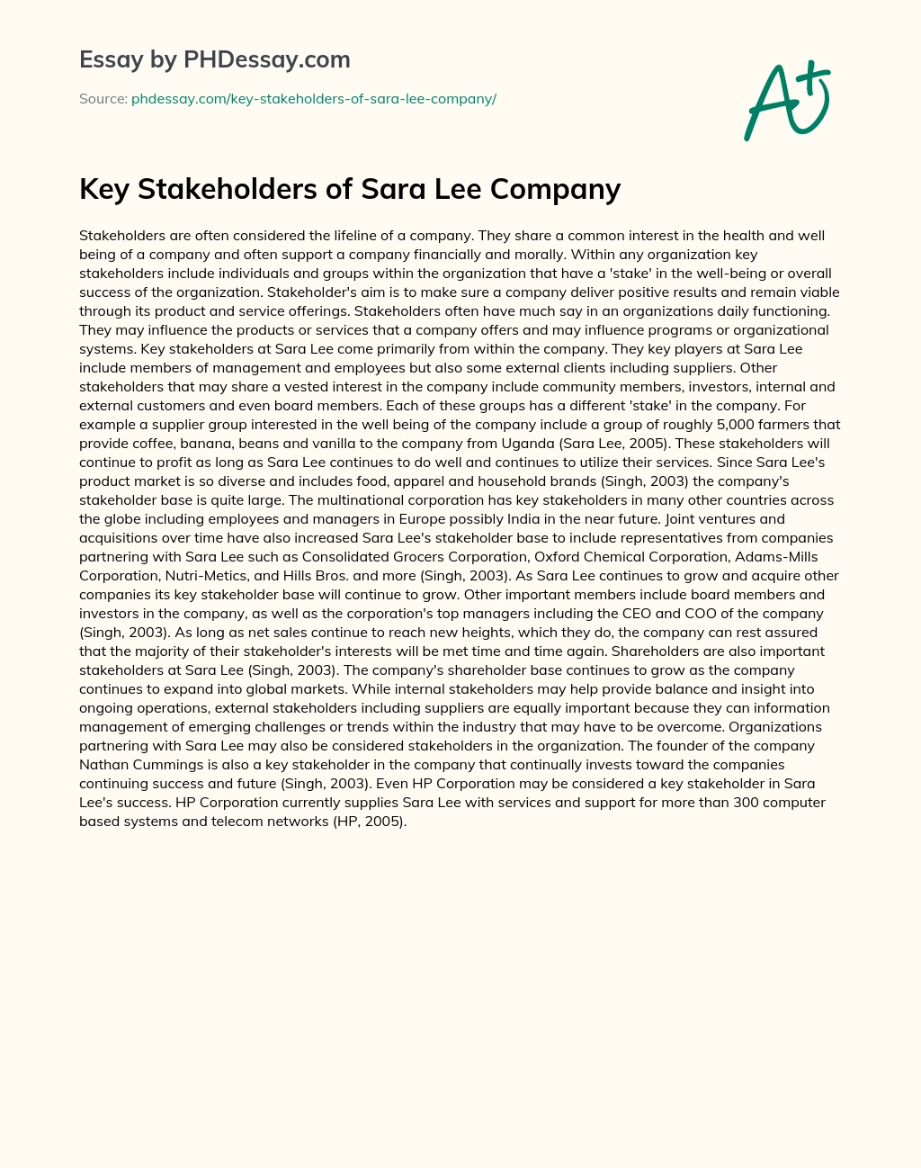 Key Stakeholders of Sara Lee Company essay