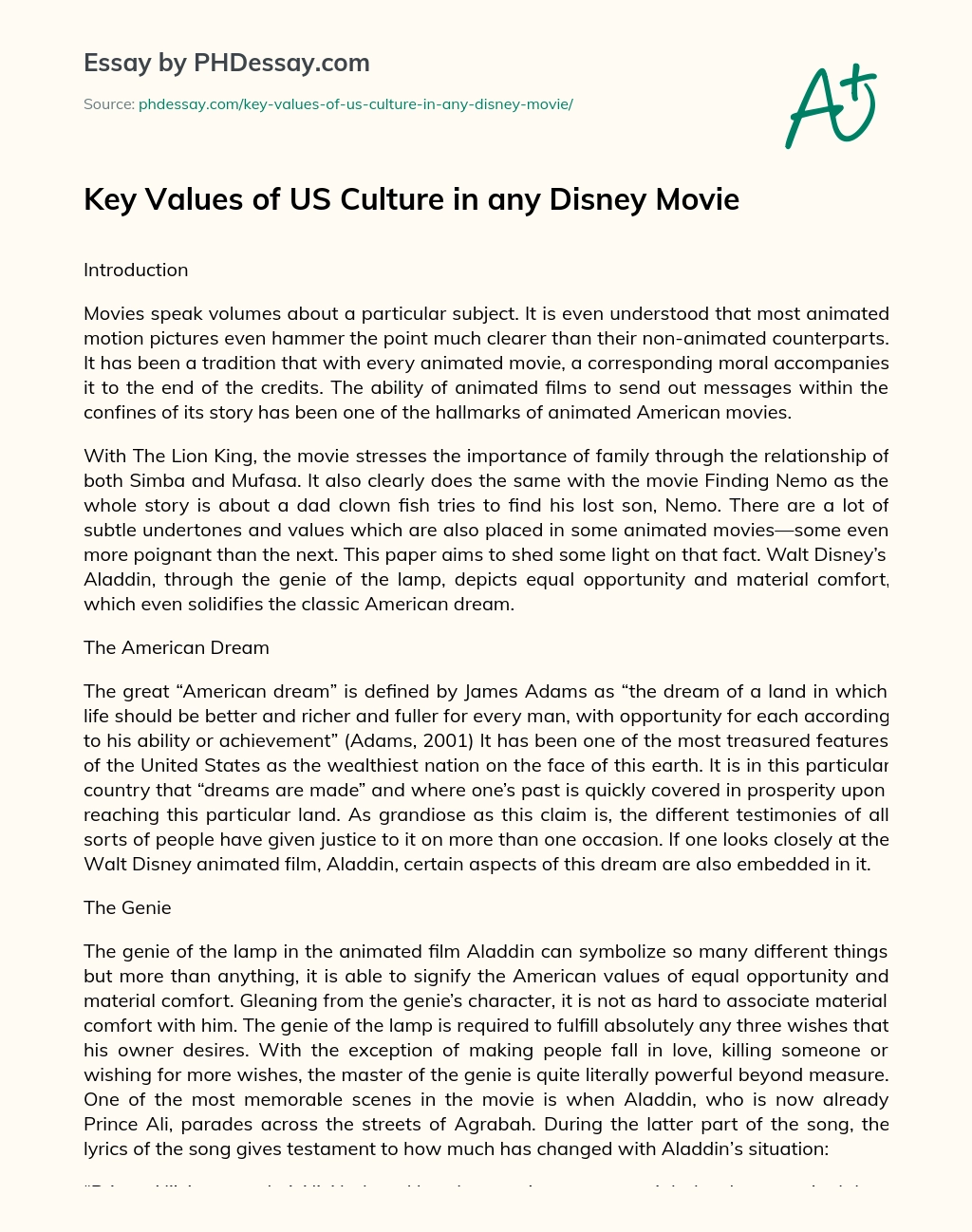 Key Values of US Culture in any Disney Movie essay