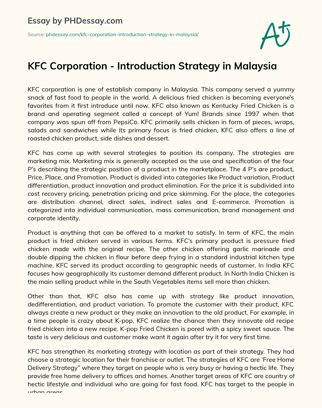 KFC Corporation – Introduction Strategy in Malaysia essay