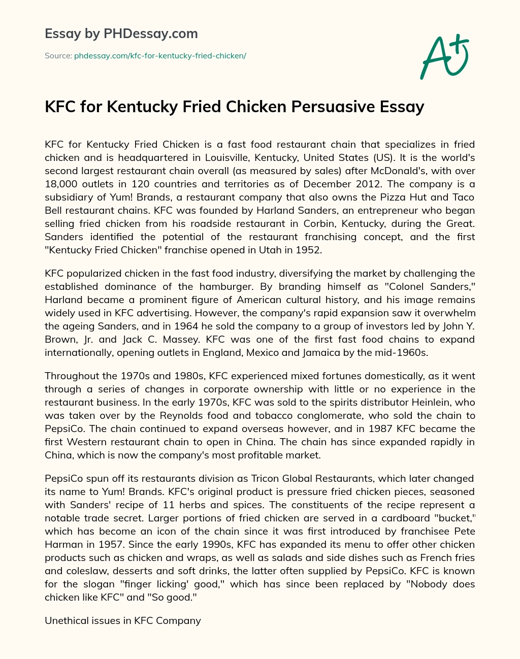KFC for Kentucky Fried Chicken Persuasive Essay essay