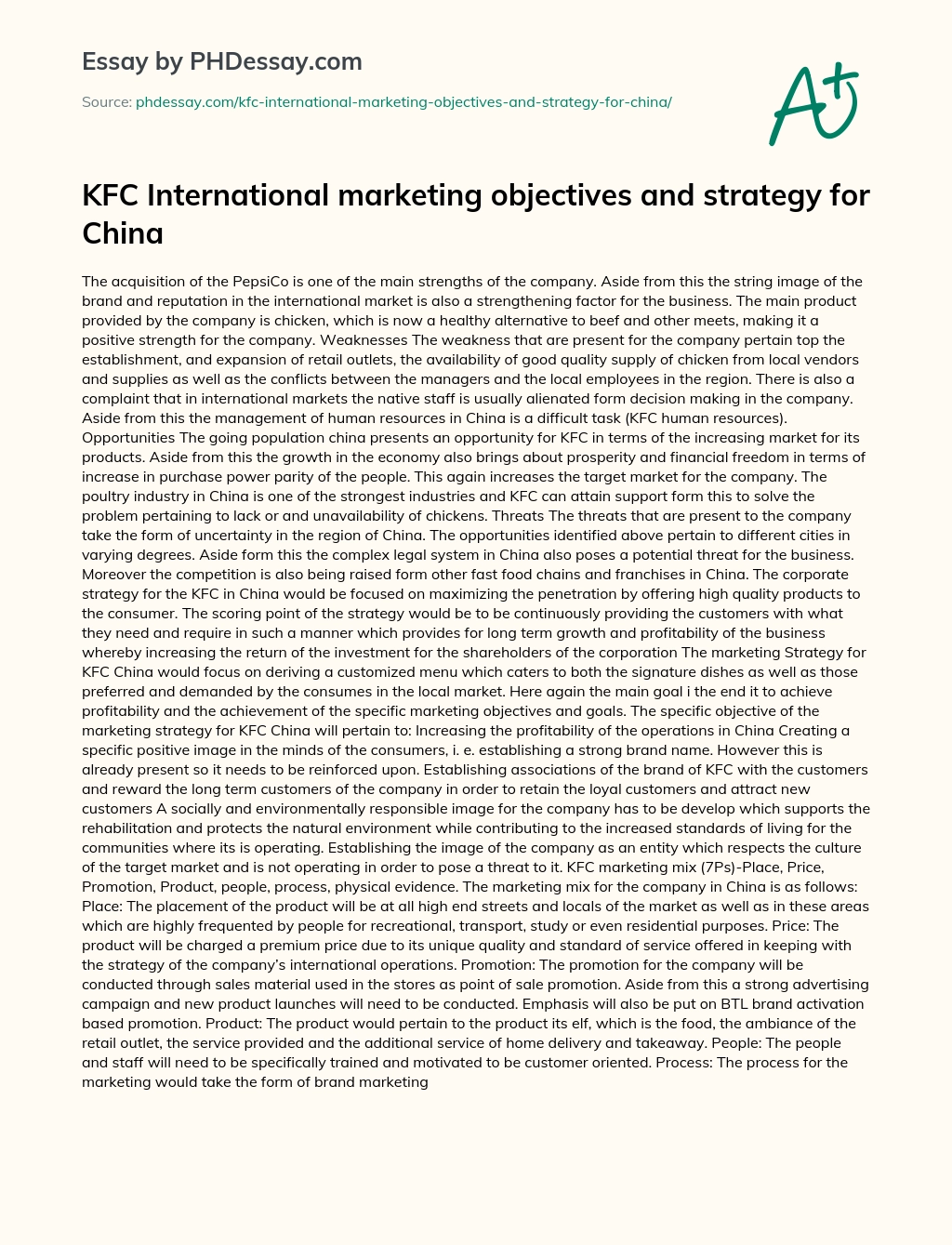 KFC International Marketing Objectives and Strategy for China essay