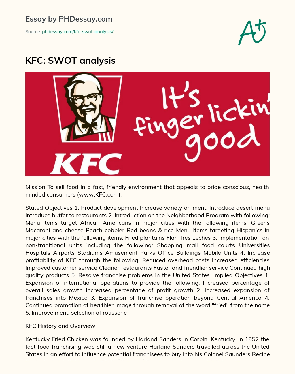 KFC: SWOT analysis essay