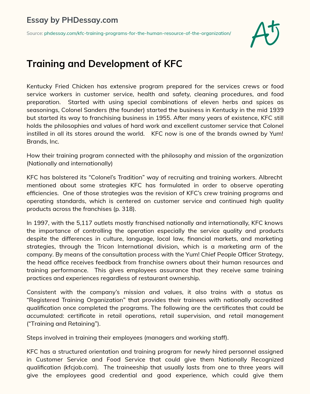 Training and Development of KFC essay