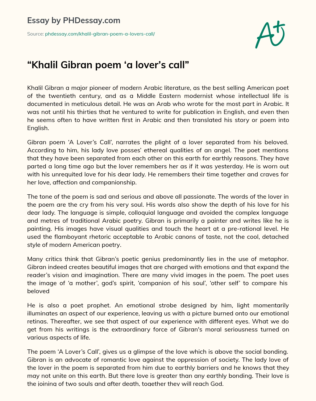 Khalil Gibran poem a lovers call essay