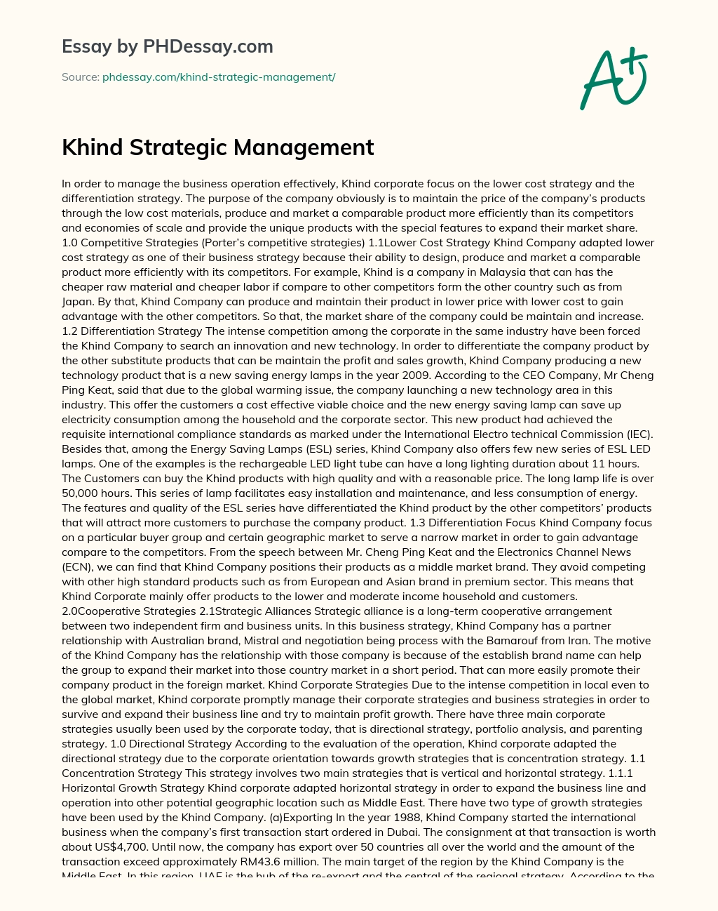 Khind Strategic Management essay