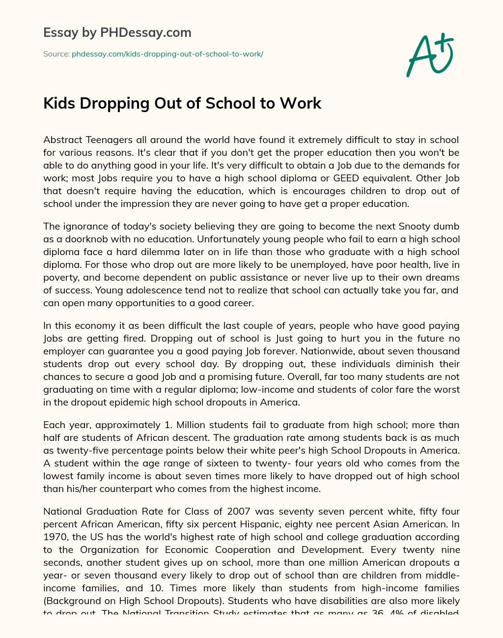 Kids Dropping Out of School to Work essay