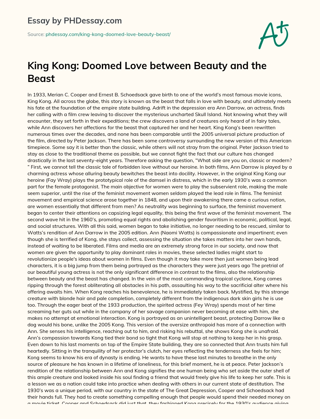 King Kong: Doomed Love between Beauty and the Beast essay