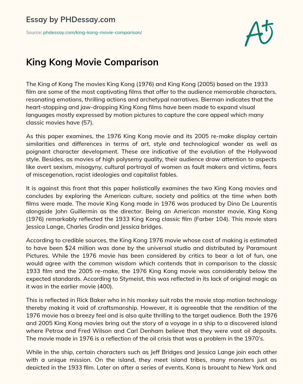 King Kong Movie Comparison essay