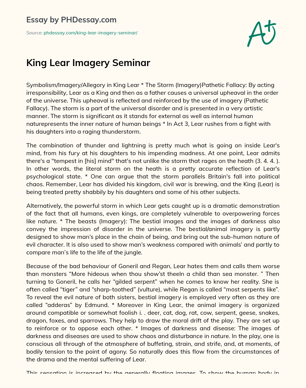 King Lear Imagery Seminar essay
