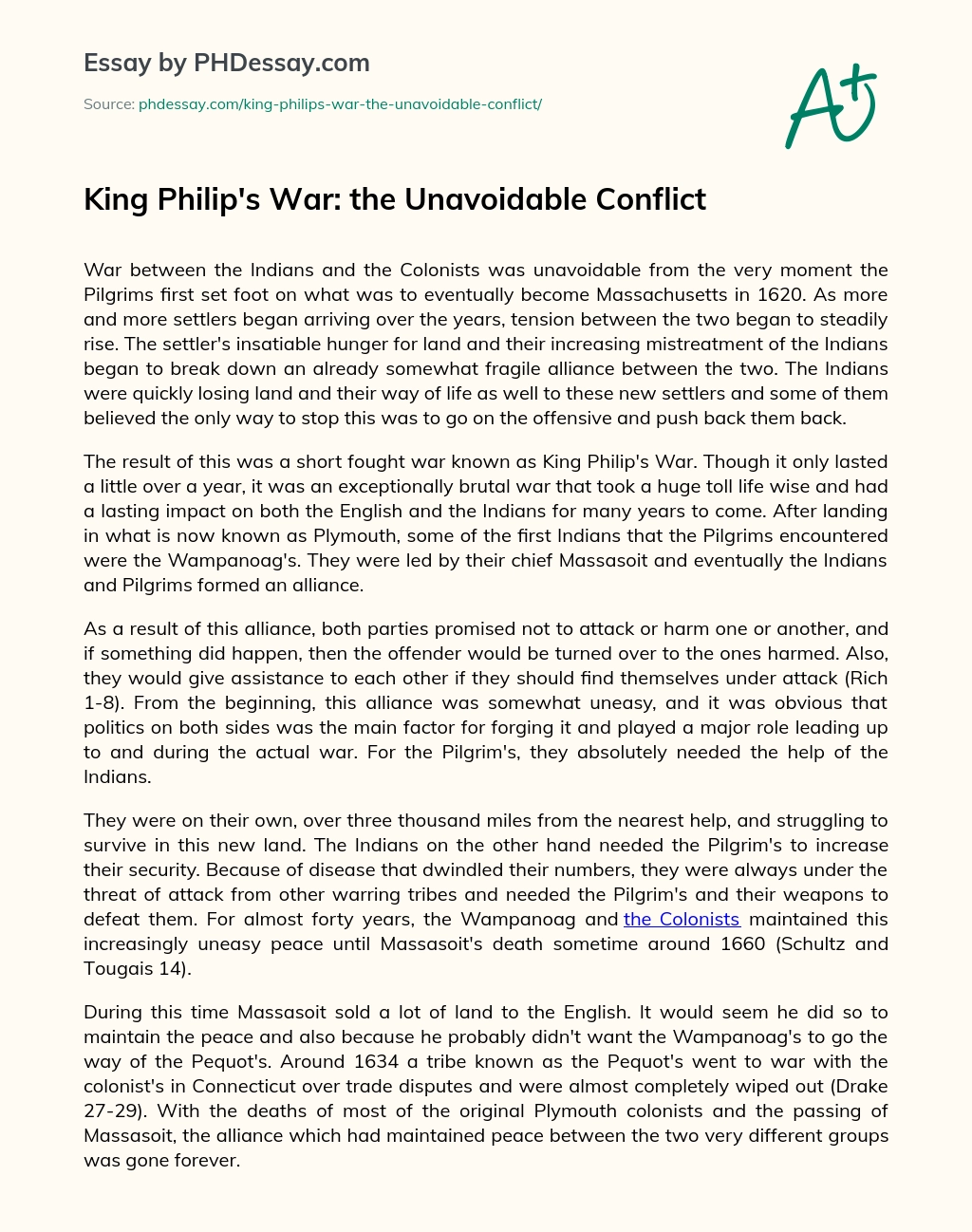 King Philip’s War: the Unavoidable Conflict essay