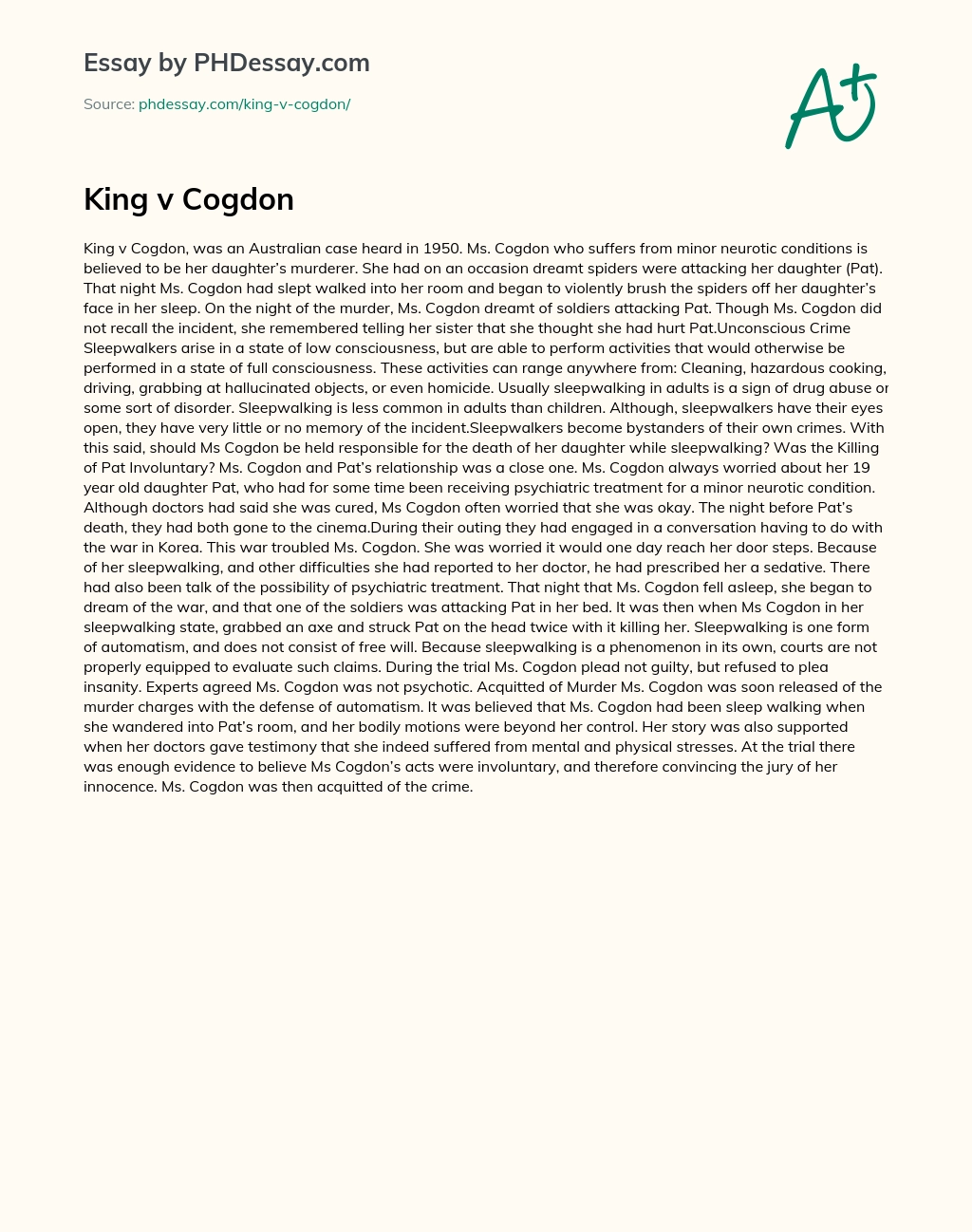 King v Cogdon essay