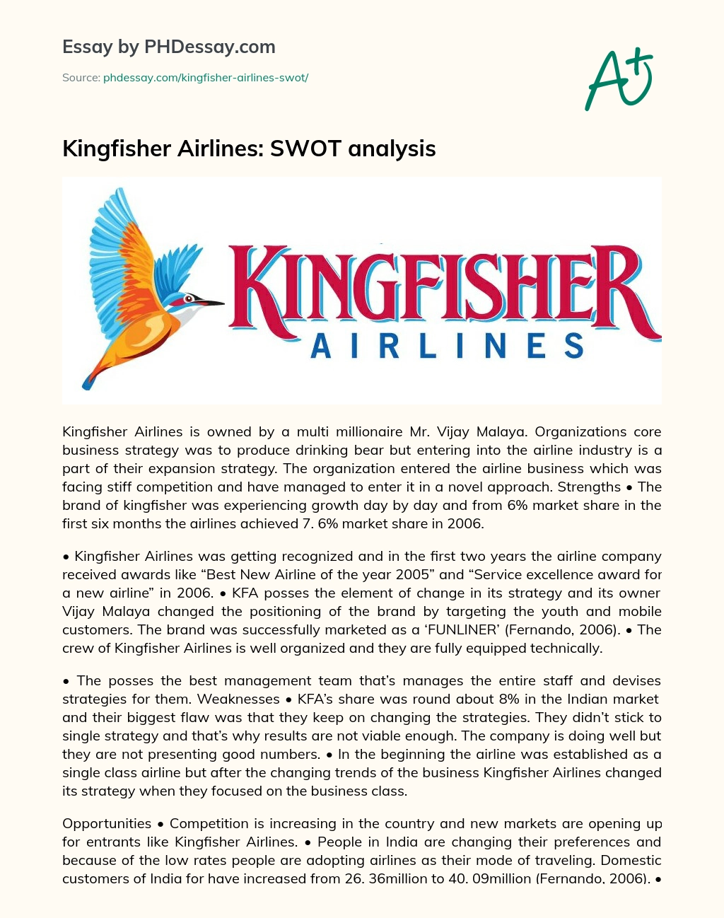 Kingfisher Airlines: SWOT Analysis essay