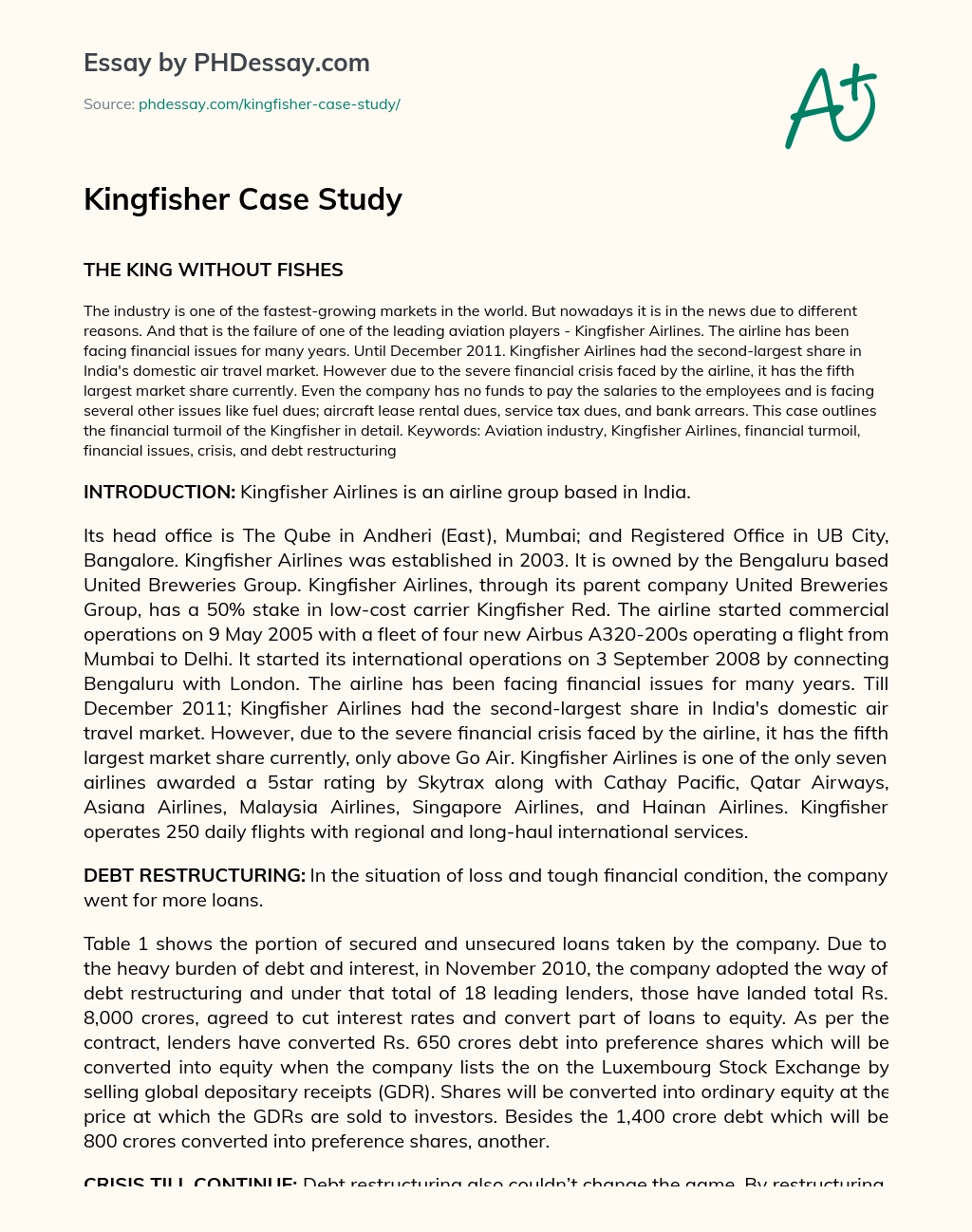 Kingfisher Case Study essay