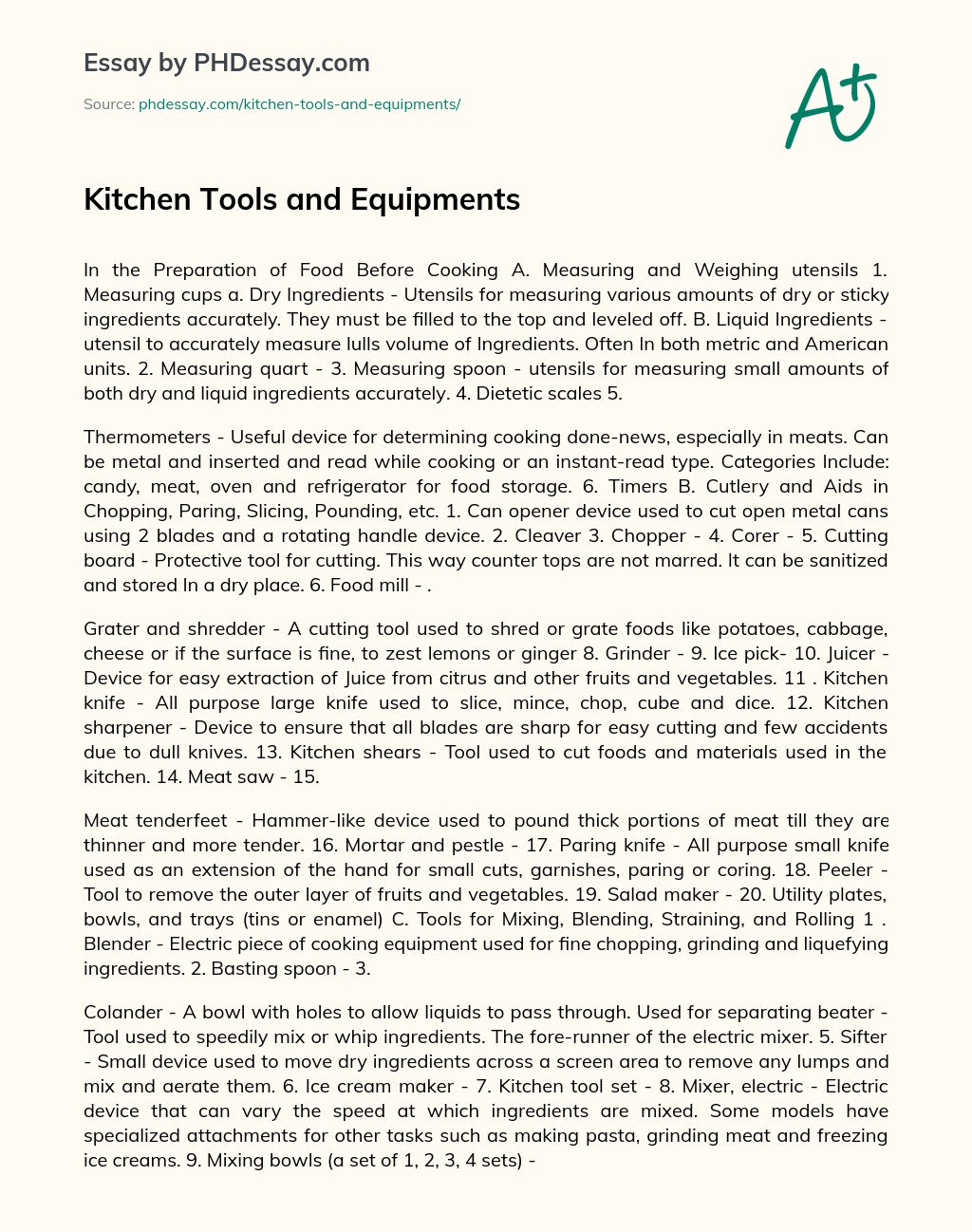 Kitchen Tools And Equipments Process And Thesis Essay - PHDessay.com