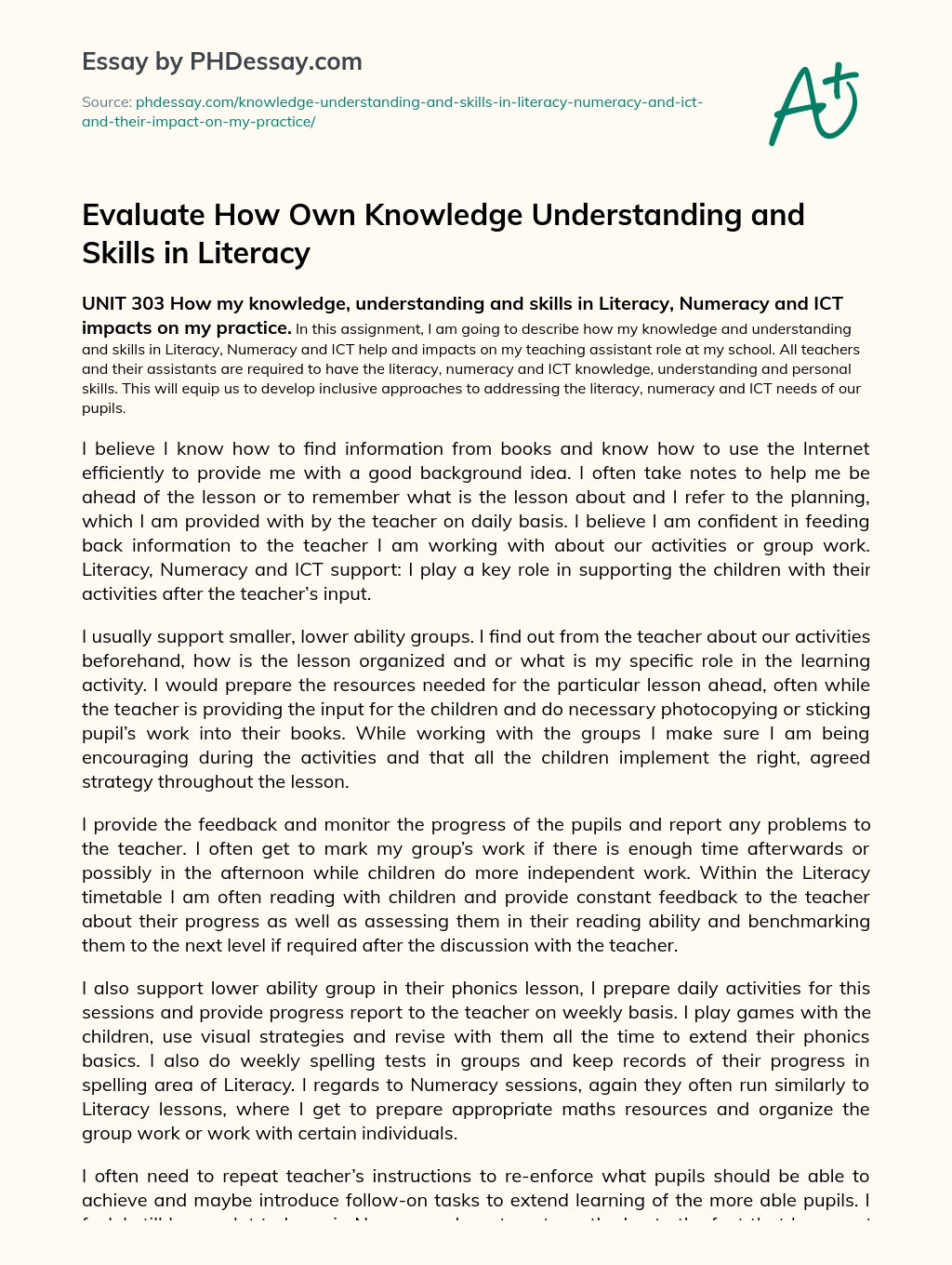 Evaluating Own Knowledge Understanding and Skills in Literacy essay