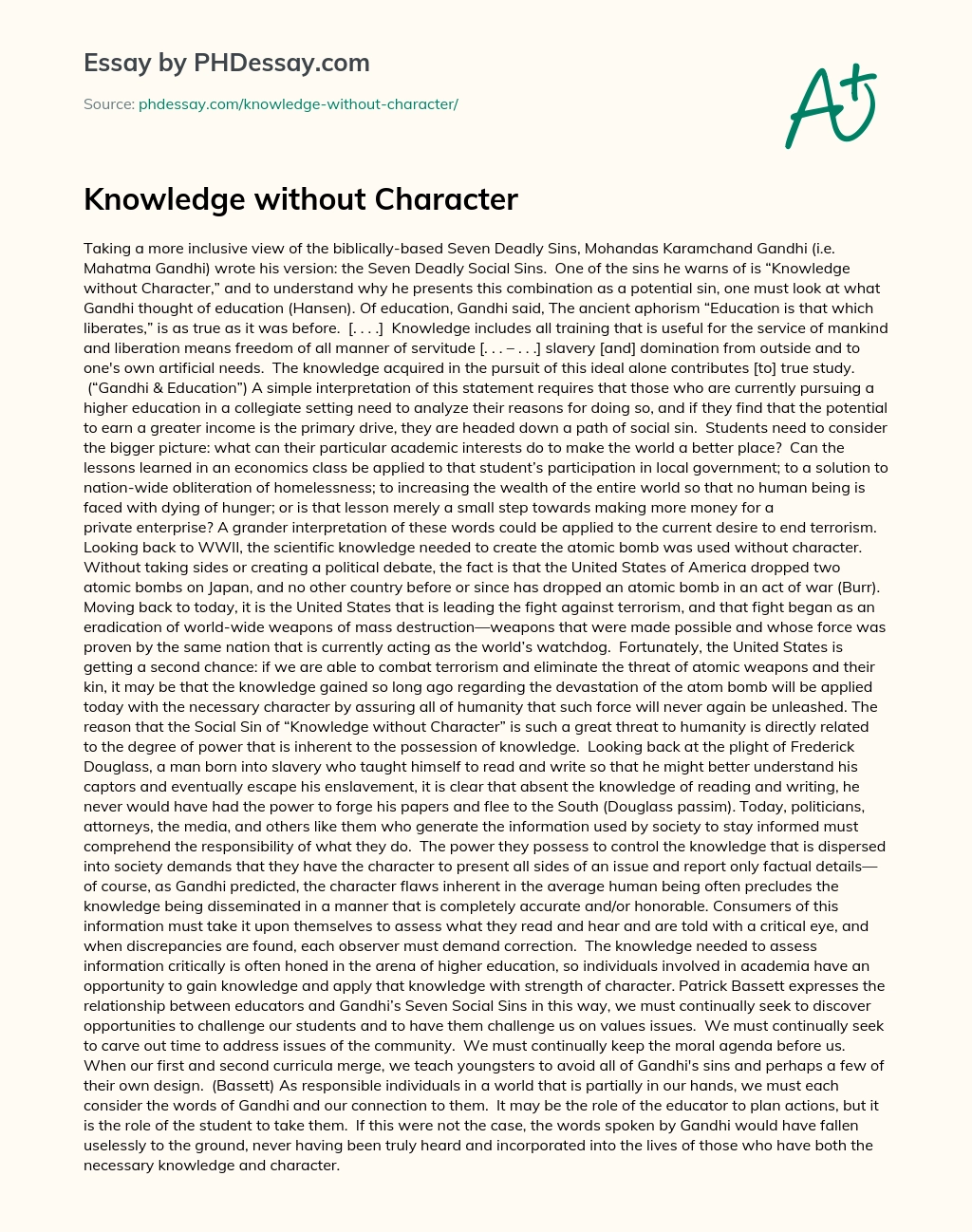 knowledge without character essay