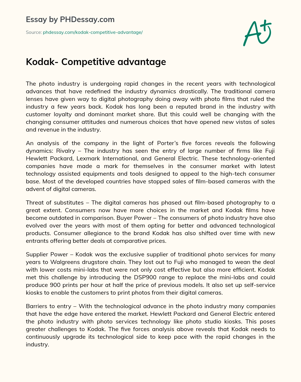 Kodak- Competitive advantage essay