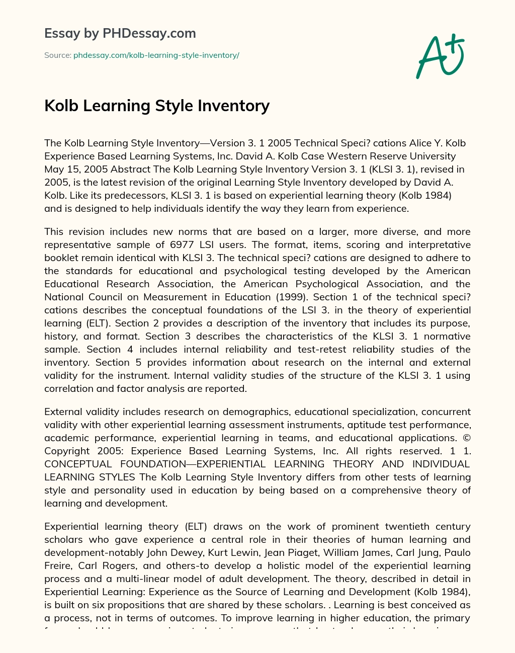Kolb Learning Style Inventory essay