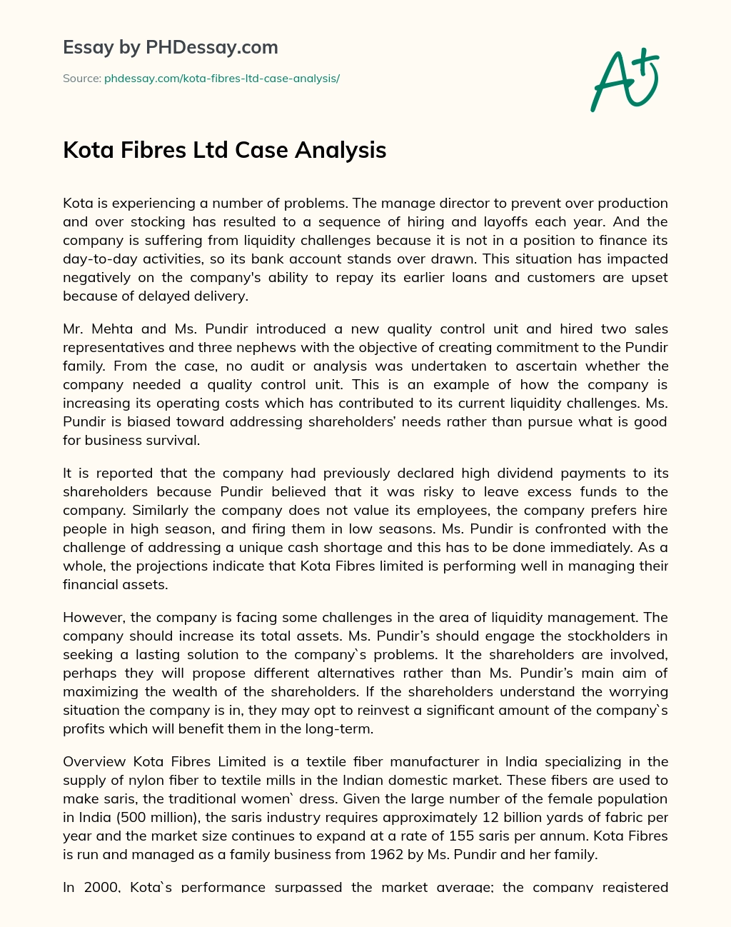 Kota Fibres Ltd Case Analysis essay