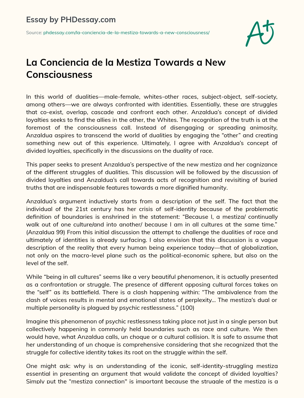 La Conciencia de la Mestiza Towards a New Consciousness essay