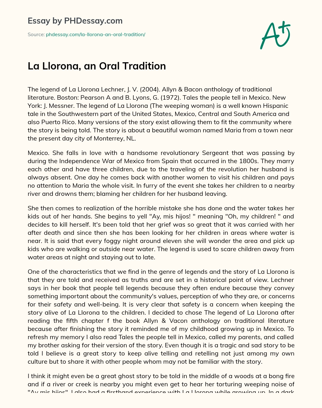 La Llorona, an Oral Tradition essay
