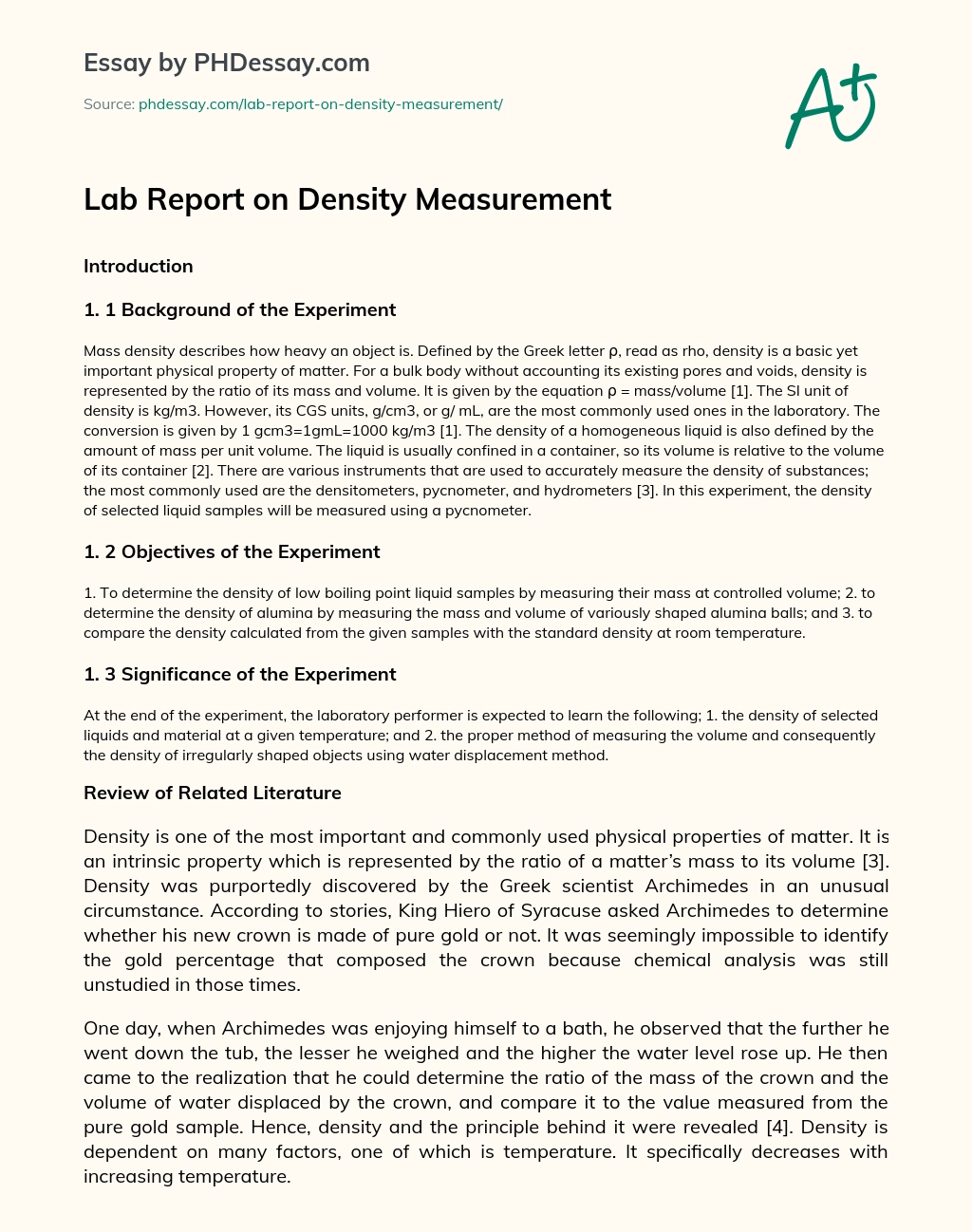 Lab Report on Density Measurement essay