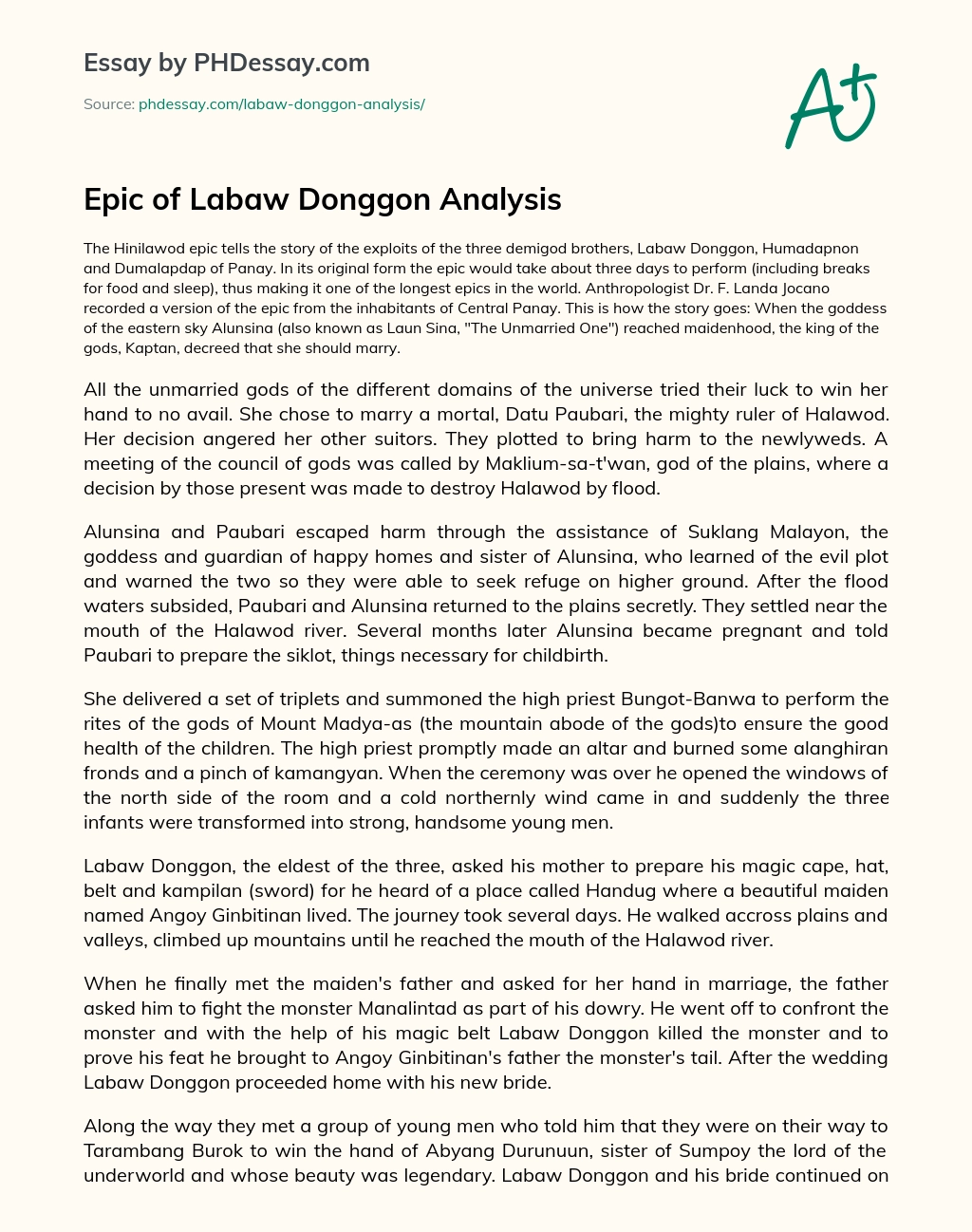 Epic of Labaw Donggon Analysis essay
