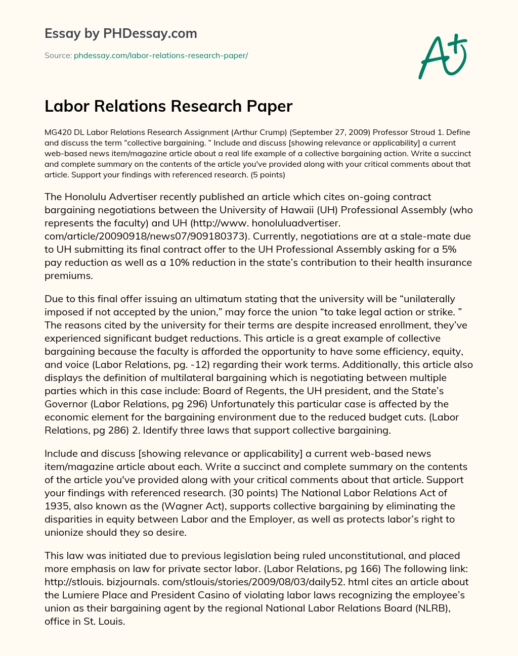 Labor Relations Research Paper essay