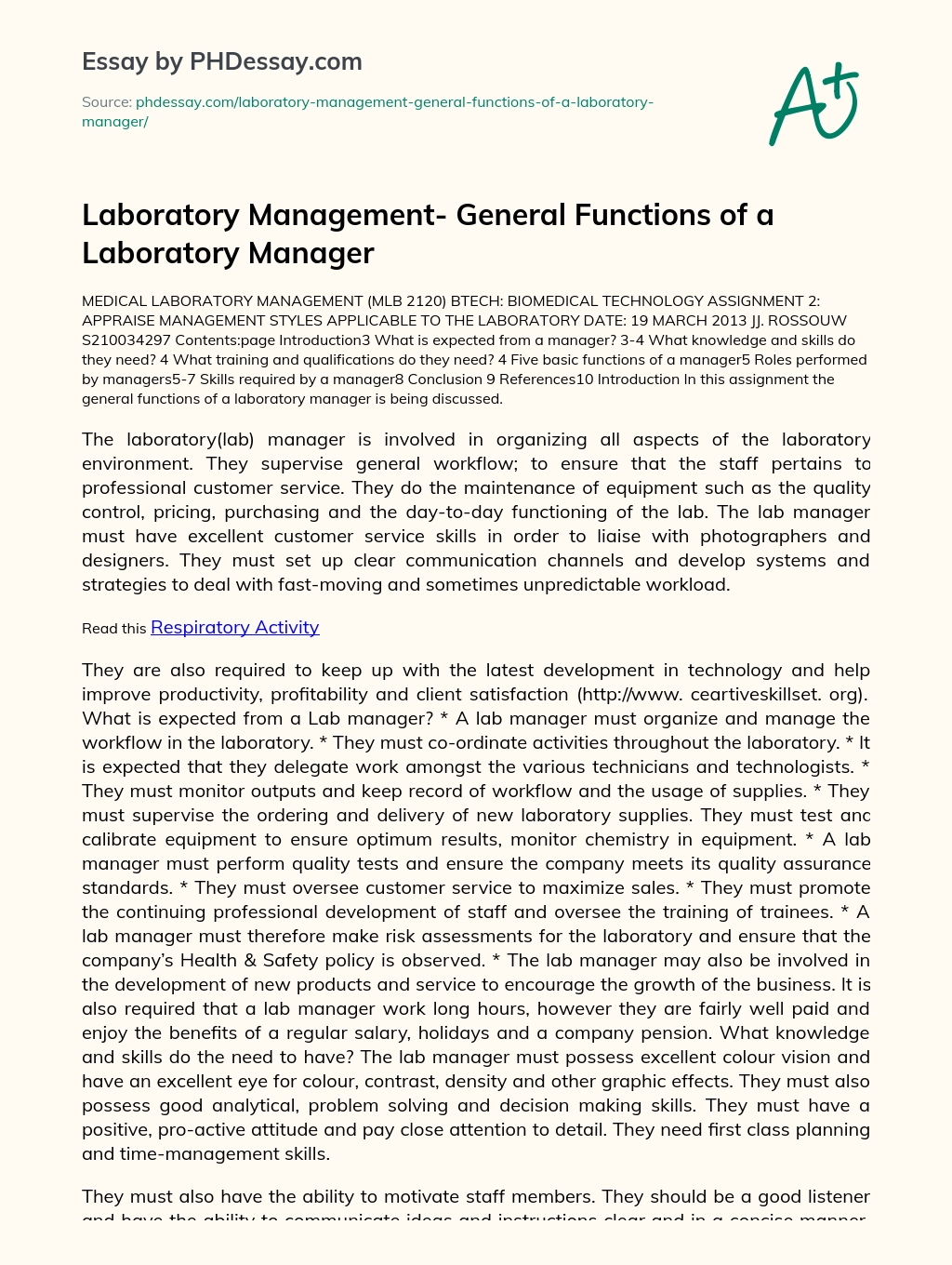 Laboratory Management- General Functions of a Laboratory Manager essay