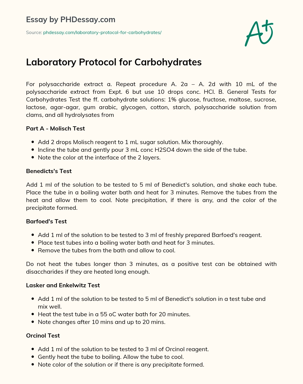 Laboratory Protocol for Carbohydrates essay