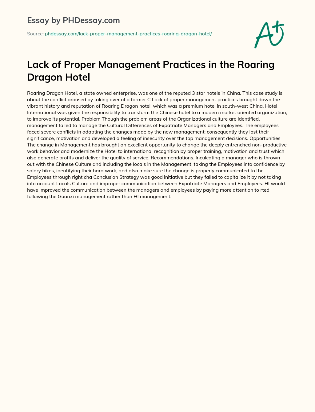 Lack of Proper Management Practices in the Roaring Dragon Hotel essay