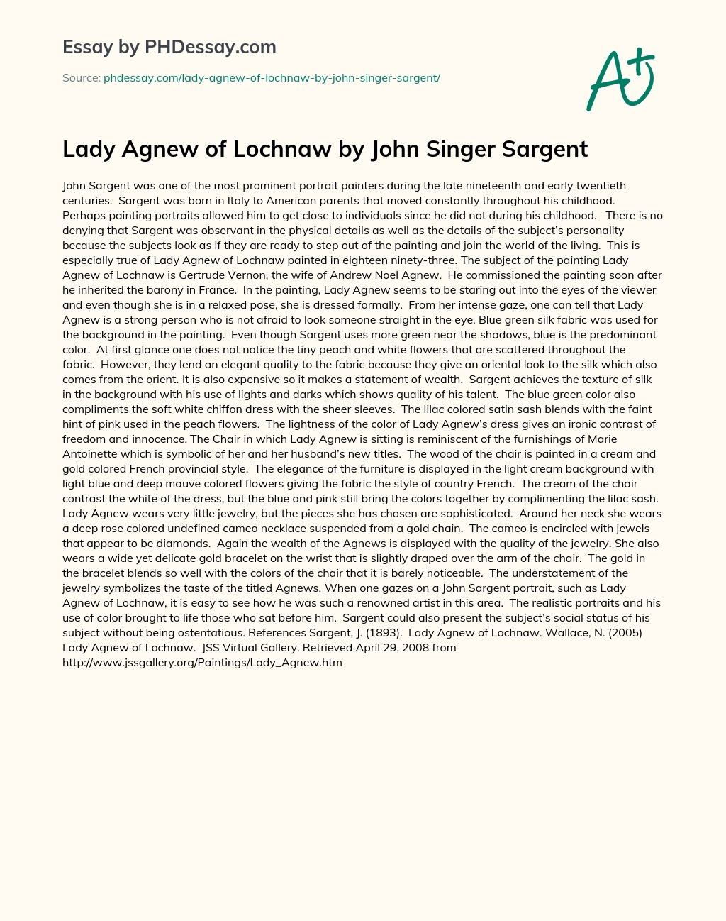 Lady Agnew of Lochnaw by John Singer Sargent essay